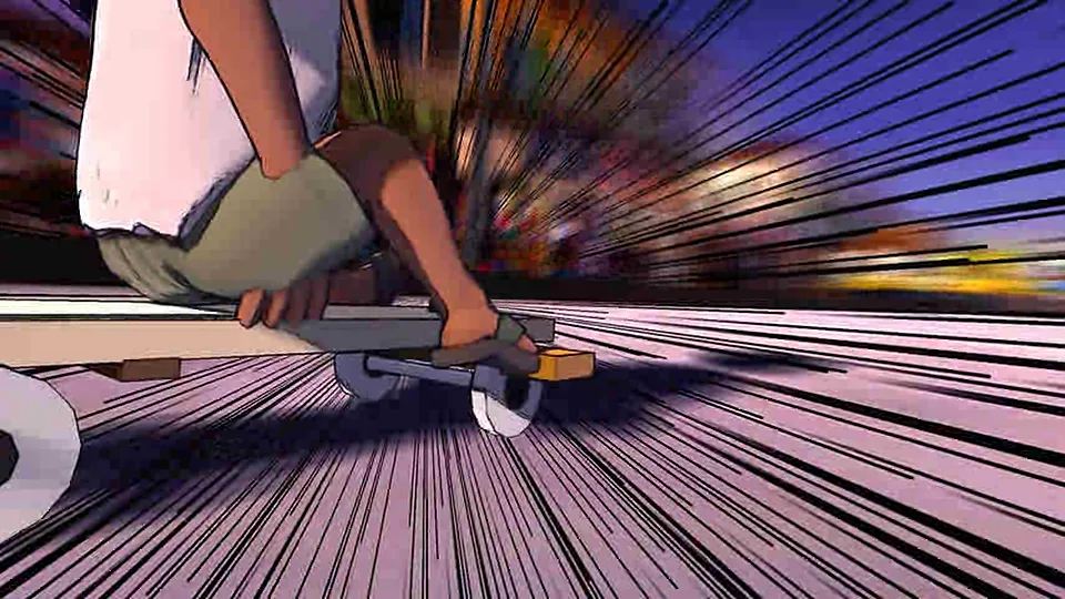 Close on Sami's sandal pressed against the wheel, speed lines behind.