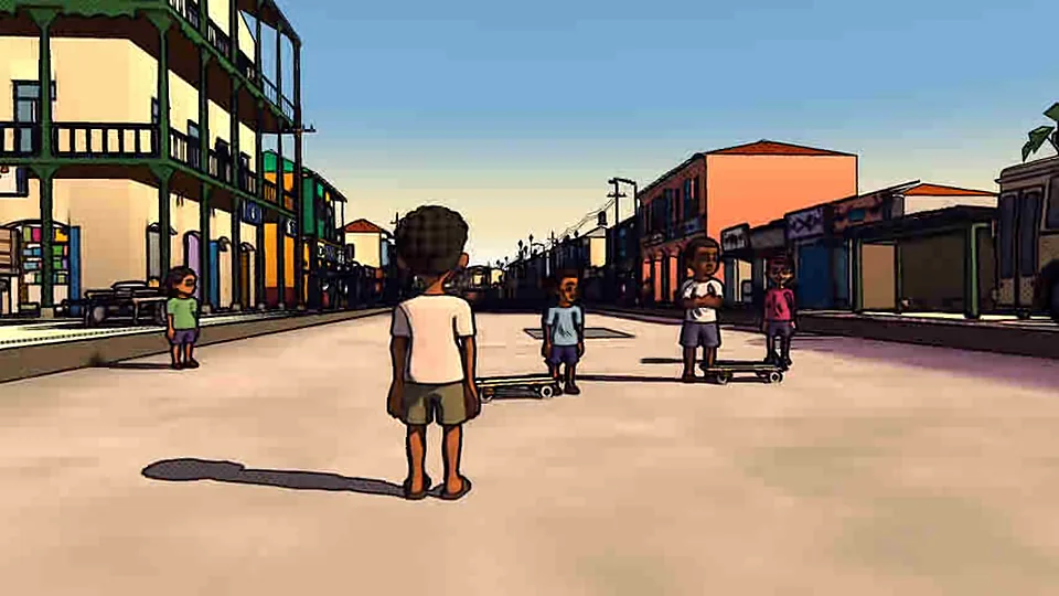 The crew lines up on the street at the top of Piassa with their boards.