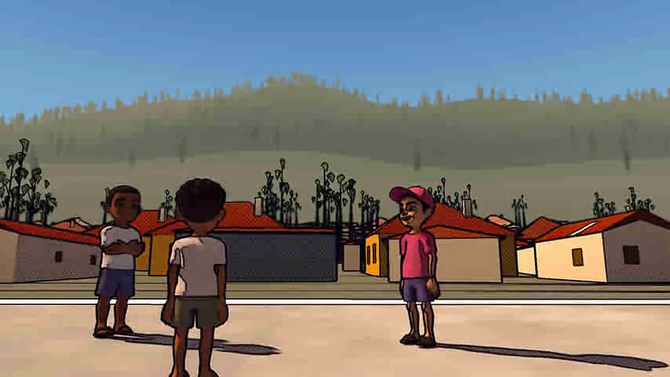 Three kids look up at the hill of Entoto over the tin roofs.
