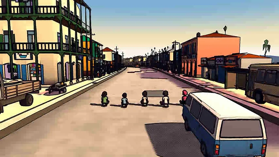 From behind: the riders line up across the main road on their boards, with a pickup, a minibus and a bus at the kerbs.