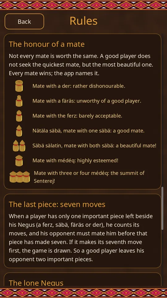 The rules screen ranking the mates